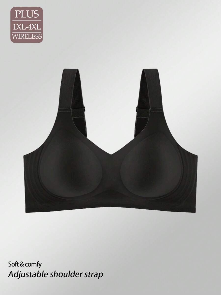 1件大码女士黑色无钢圈全罩杯文胸，舒适透气运动/瑜伽文胸，优雅简约日常文胸