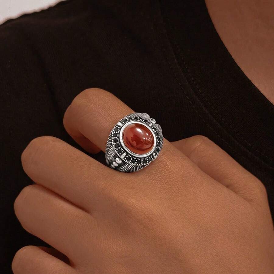Adjustable S925 Silver Black Resin Hollow Punk Hip-Hop Style Ring For Women