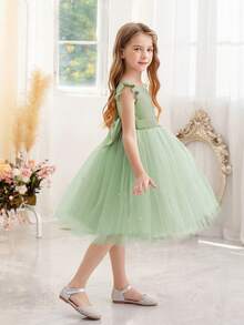 Mint Green Ruffle Trim Mesh Princess Dress, Suitable For Girls Party Dress, Birthday, Wedding, Christmas, Casual, Music Performance, Stage Show, Holiday Celebration