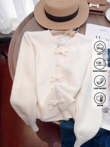 JIANHU Spring Bowknot Knit Cardigan, Cropped Design For Petite Fit, Elegant And Versatile For A Stylish Look - White - View 3