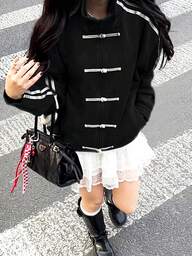 Women's Fashion Black Knit Cardigan, Long Sleeve, Side Stripe Detail, Warm Lining, Regular Length