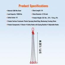 Eslinga de cadena , capacidad de peso de 11000 lb, cadena de elevación G80 de 5/16'' x 5' con ganchos de agarre, certificación DOT, revestimiento ennegrecido de acero al manganeso y longitud ajustable, para sitios de construcción de fábricas y muelles - 5/16'' x 5' - Ver 7
