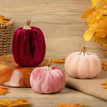Calabazas de espuma artificial, decoracin de otoo, 3 unidades, calabazas doradas de espuma de tela sinttica, decoracin para mesa de cosecha de otoo, granja, Halloween, Accin de Gracias - Borgoña, rosa y crema blanca - Ver 3