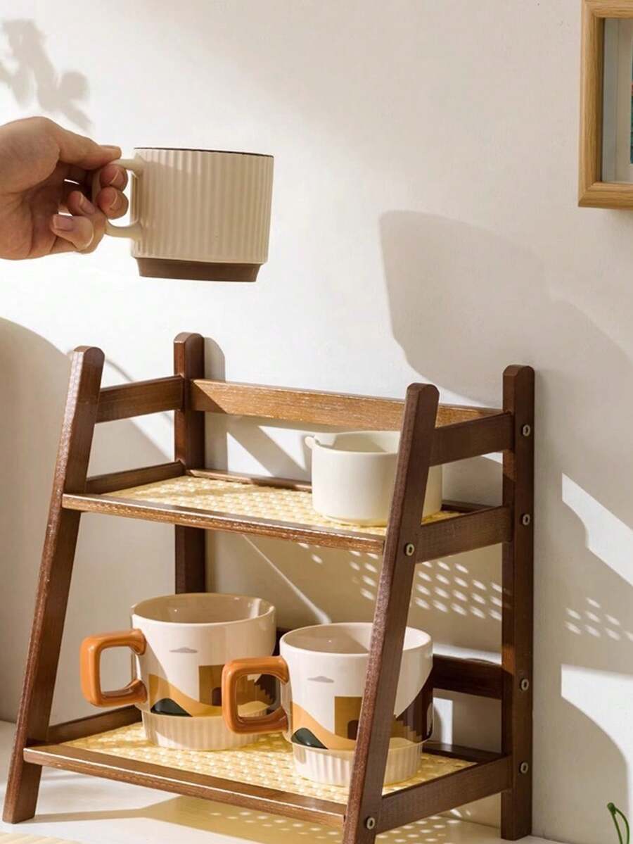 2 Layers Coffee Station Storage Rack, Bamboo Cup Holder Countertop, Kitchen Counter Rack, Tea And Coffee Bar Accessories, Matcha Rack, Cup Display, Condiment Storage Rack,Suitable For Living Room, Kitchen, Study, Bedroom And Bathroom - 棕色的 - 查看 1