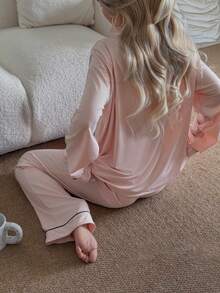 Nina Bonheur 2pcs Women Notched Collar Long Sleeve Pajama Set - Comfortable Casual Sleepwear & Loungewear - Pink - View 6