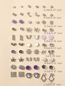 30 Pairs Elegant Butterfly & Snowflake Faux Pearl Metal Rhinestone Stud Earrings Set, Fashionable For Daily Casual Wear, Holiday Gift - Multicolor - View 6