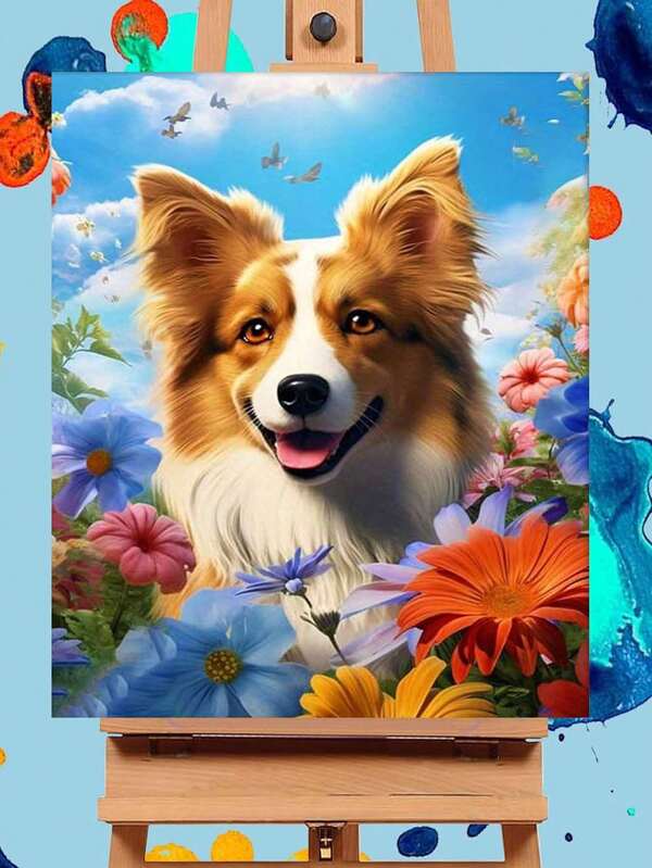 Paint By Numbers Adult Dog Acrylic Paint Coloring Picture Kit - Flower Animal Canvas Painting - Oil Painting For Home - HuaCan