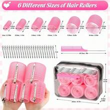 女士6种尺寸卷发器，62个卷发器，适用于长发、中发、短发，大号、中号、小号自粘式卷发器，含36个卷发器、24个不锈钢夹子和1个收纳袋，美发工具，美发用品，旅行必备，旅行，理发师，发型师，理发师配件，情人节，美发用品，发型师，理发店，沙龙，度假必备，美发产品，理发店，情人节礼物，女士旅行必备，发型师工具 - 粉色 - 查看 3