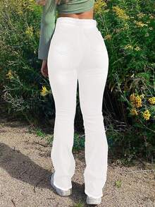 Women's Mid-Rise Flare Jeans - Stretchy Distressed Denim Jeans, Classic Washed Solid Color Retro Style, Casual Everyday Wear - White - View 3