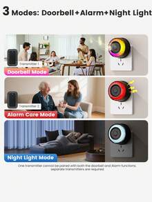 三合一无线门铃报警器，350米远距离迎宾门铃，警报门铃，62首铃声，6种闪烁模式，适用于室内/室外/卧室/客厅/庭院/车库 - 查看 6