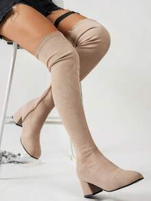 بوت طويلة فوق الركبة للخريف/الشتاء، تصميم سحاب جانبي جذاب، مناسبة للتنقل والمكتب والعطلات، خفيفة الوزن بطراز بوهيمي، مقاسات كبيرة للنساء - بيج - مشاهدة 4