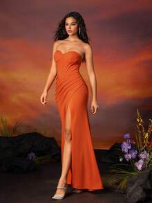 VIPGIRL Orange Strapless Slit Elegant Bridesmaid Dress - Orange - View 5