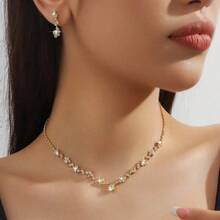 3pcs Simple Waterdrop-Shaped Rhinestone Necklace And Earrings Set Suitable For Women's Wedding, Birthday, Commemoration, Party - 金子 - 查看 7