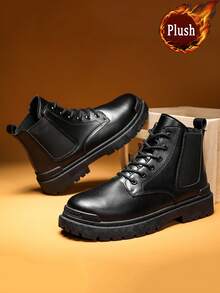 Men's High Top Boots, Autumn/Winter, All-Match Black Leather Casual Shoes, Wear-Resistant Low-Cut Cargo Shoes, New Fashionable Casual Shoes Go With Dress, Lace-Up Metal Eyelets - Black - View 5