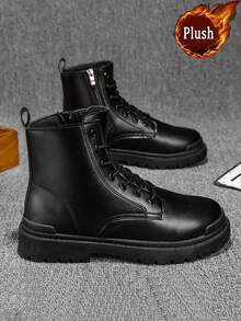 Men's High Top Boots, Autumn/Winter, All-Match Black Leather Casual Shoes, Wear-Resistant Low-Cut Cargo Shoes, New Fashionable Casual Shoes Go With Dress, Lace-Up Metal Eyelets - Black - View 7