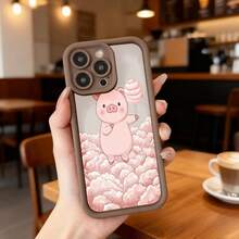 Funda de telefono con borde negro para iPhone 14 Pro Max funda rosa con estampado de cerdito caricatura sosteniendo algodón de azúcar sobre nubes suaves funda protectora para uso diario en cafeterías y salas de estar Aplicable a los teléfonos de la serie Apple y Galaxy - Negro - Ver 4
