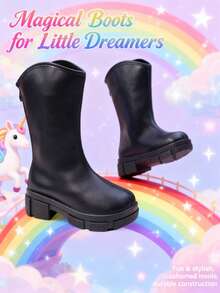 1 Paar Mädchen Mode Overknee Stiefel, Kinder Leder Absatz Plateau Stiefel mit Reißverschluss hinten, geeignet für Schule, Party, Urlaub, Lässig Tragen - Schwarz - Übersicht 4