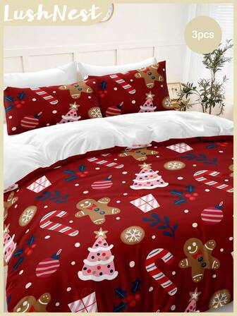 Juego de ropa de cama navideña de 3 piezas con estampado digital de hombres de jengibre con lunares rojos, incluye 1 funda nórdica y 2 fundas de almohada (sin relleno). Ideal para la decoración de la habitación, hecho de fibra de poliéster suave y amigable con la piel, apto para dormitorio principal, dormitorio de invitados o dormitorio secundario, uso durante todo el año, ropa de cama navideña, decoración navideña, estampados festivos, dormitorio acogedor, textiles para el hogar asequibles.