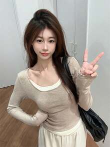 Fashionable Knitted Long Sleeve 2 In 1 Top, Inner Wear/Base T-Shirt