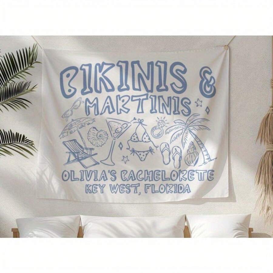 2026-Personalized Tapestry Wall Hanging-2D Flat, 1pc 2D Printing Personalized Beach Bachelorette Party Decor, Custom Location Bachelorette Weekend Tapestry, Bikinis And Martinis, Bachelorette Backdrop - 40*60英寸 - 查看 1