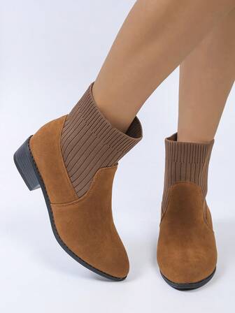 Women's Fashion French Chelsea Melade Style Chunky Heel Pointed Toe Elastic Slim Fit Ankle Boots, Spring/Autumn