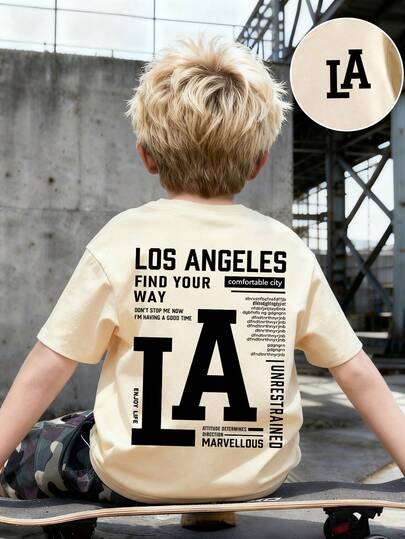 Young Boy Slogan Print Round Neck Short Sleeve Casual T-Shirt