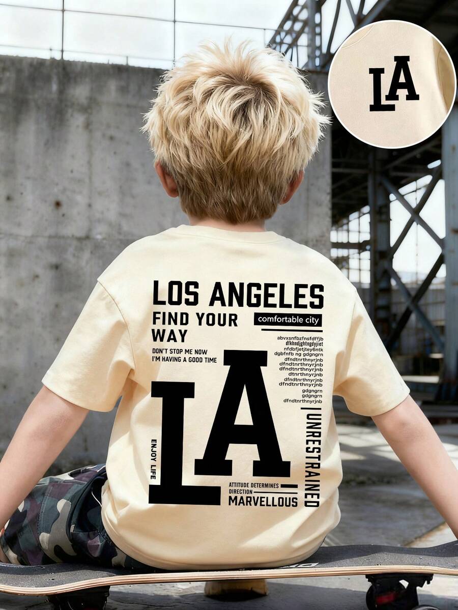 男童标语印花圆领短袖休闲T恤 - 杏色 - 查看 1