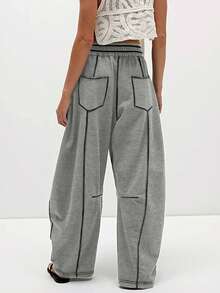 Pantalones casuales de mujer de pierna ancha con cordón y bolsillos - Gris - Ver 1