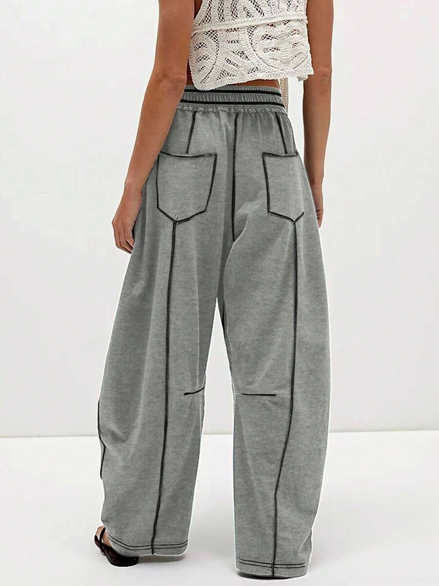 Pantalones casuales de mujer de pierna ancha con cordón y bolsillos - Gris - Ver 1