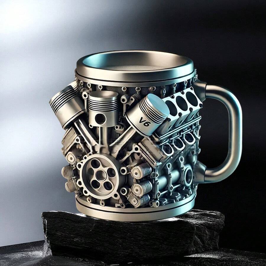 V6/V8 Engine Stainless Steel Cup - 16.91 Ounces - Durable 3D Reverse Personalized Mug - Perfect For Car Enthusiasts, Mugs, Mechanics, Baristas, Tea Lovers As Gifts. It's Suitable For Men's Birthdays, Christmas Gifts, And Also As A Living Room Decoration. It Can Be Regarded As An Art Piece - A Drinkware Decoration. - Bạc/V6 - Xem 1