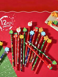 12pcs Christmas Big Leather Pencil, Cartoon Kindergarten Elementary School Students Can Eraser Christmas Prize Gift