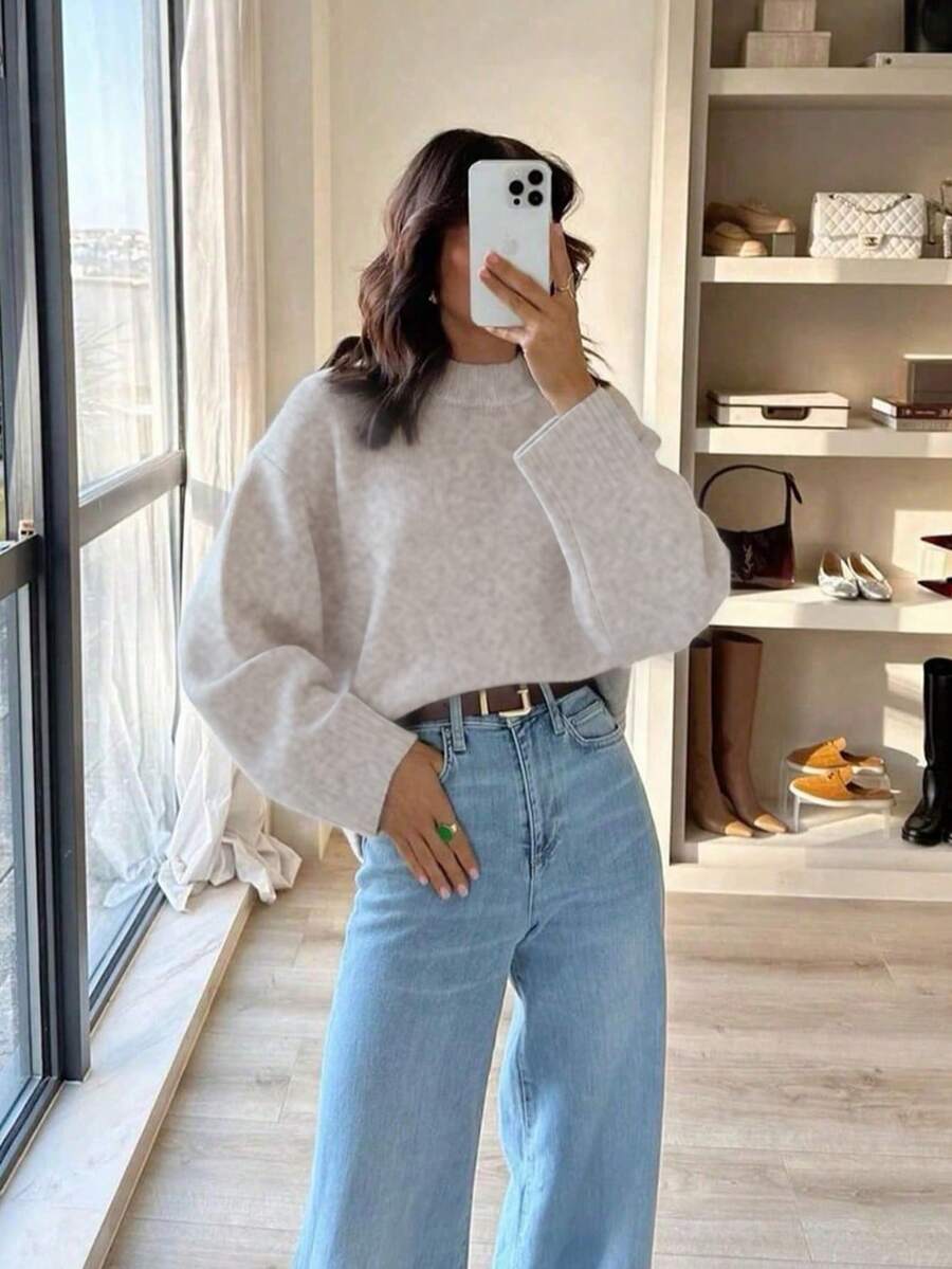 Grey Crew Neck Casual Knit Sweater For Women