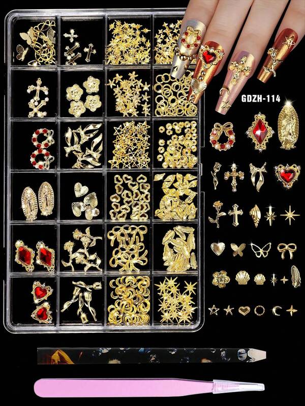 Golden Nail Art Charms, Golden Bows, Golden Hearts, Golden Flowers, Golden Stars, Golden Ocean-Themed Charms,Golden Gems And Golden Roses With Pick Up Pen And Tweezers For Nail Art Creation.