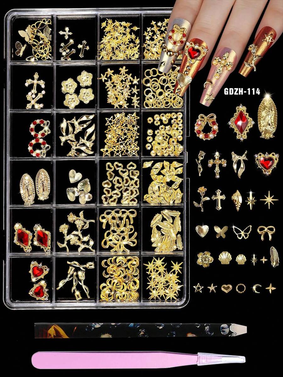 Goldene Nagelkunst Charms, goldene Schleifen, goldene Herzen, goldene Blumen, goldene Sterne, goldene Ozean-Themen Charms, goldene Edelsteine und goldene Rosen mit Aufhebewerkzeug und Pinzette für Nagelkunst Kreationen.