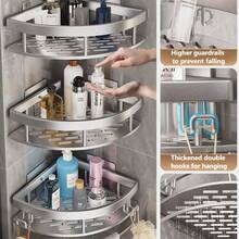 1 Bathroom Corner Shelf, Made Of Space Aluminum, No-Drilling Required. It Is A Triangular Wall-Mounted Shelf For The Bathroom, Toilet, Washstand, And Restroom Corner. Color: Silver. Bathroom Accessories Bathroom Tools