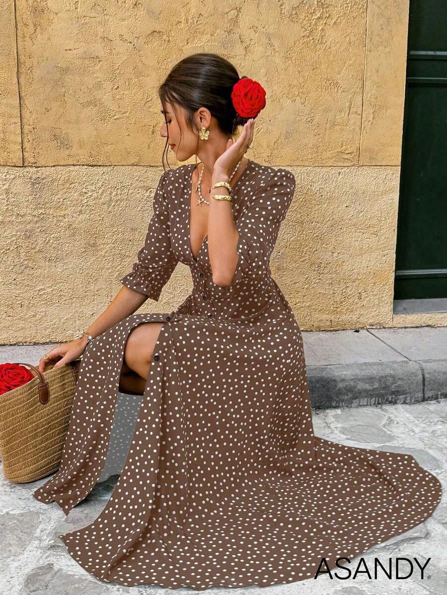 Women's Deep V-Neck Polka Dot Mid-Sleeve Button Front Casual Dress Elegant Summer - Coffee - View 1