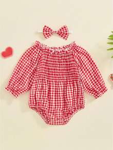 Infant Baby Girls Romper Ruffle Sleeve Pleated Smocked Bubble Plaid One Piece Ruched Jumpsuit Spring Fall Bodysuit - Red - View 1