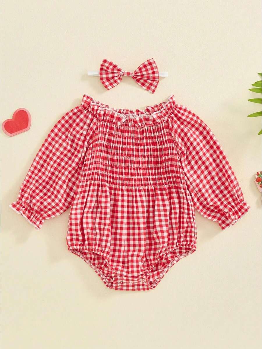 Infant Baby Girls Romper Ruffle Sleeve Pleated Smocked Bubble Plaid One Piece Ruched Jumpsuit Spring Fall Bodysuit - Red - View 1