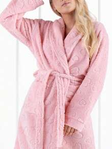 Momenti Per Me Women's Heart Pattern Drop Shoulder Long Sleeve Belted Casual Robe - Pink - View 1