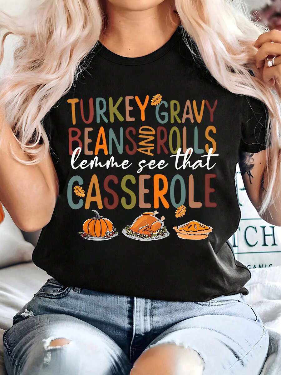 Talla Grande - Camiseta Gráfica Divertida de Acción de Gracias con Diseño de Pavo, Ensalada de Frijoles y Salsa - Camisa Amarilla Holgada 5XL con Diseño de Calabaza, Pavo y Salsa - Top Casual Suave para el Día a Día y Celebraciones Festivas - Regalo Ideal de Acción de Gracias para Mujeres, Estilo de Temporada, Estampado Divertido, Ajuste Cómodo, Diseño de Jersey, Reuniones Familiares