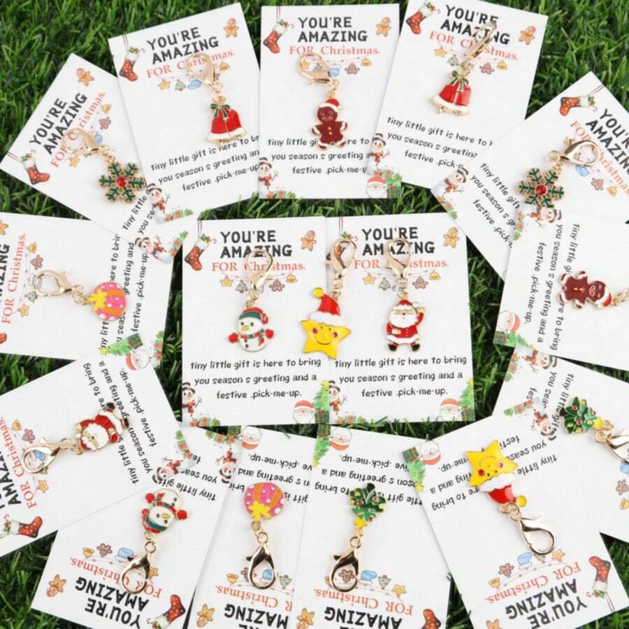 15件套圣诞系列钥匙扣套装，附赠“圣诞快乐”贺卡，幸运礼物，团队礼物，励志礼物，圣诞礼物，幸运礼物，生日礼物 - 彩色 - 查看 1