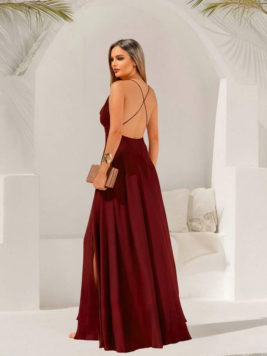 Marsala NM Nana Marie Halter Neck Long Dress With Ruffled Neckline, Backless Bridesmaid Dress With Flowing Details And Slit - 紅木色 - 查看 1