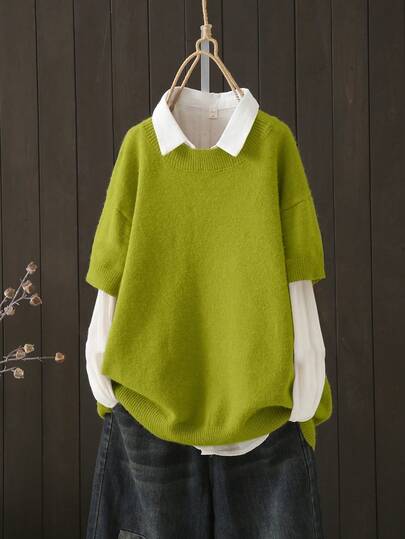 Suéter casual de cuello redondo de manga corta de punto de talla grande, otoño/invierno