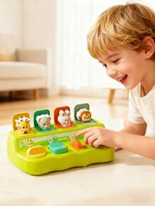 1个捉迷藏惊喜盒，互动弹出式动物玩具，因果游戏，包含奶牛、大象、兔子、狮子玩具，适合18个月以上的幼儿，男孩女孩皆宜，儿童节日礼物，万圣节、复活节、圣诞节、新年，逻辑关系记忆训练玩具，6-12个月宝宝弹出式玩具（按钮颜色随机）