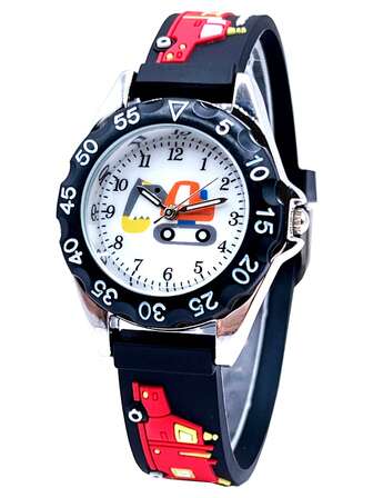 Söt svart brandbil och brandman 3D-tecknad kvartsklocka, present till pojkar
