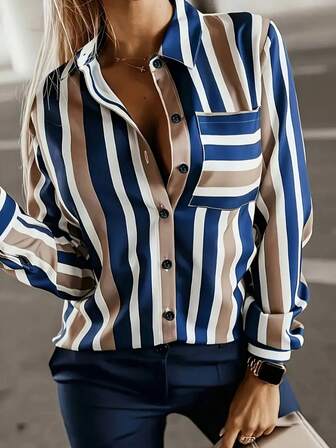 Women's Elegant Pocket Striped Long Sleeve Blouse, Versatile Design Sense, Slimming, Suitable For Spring And Autumn