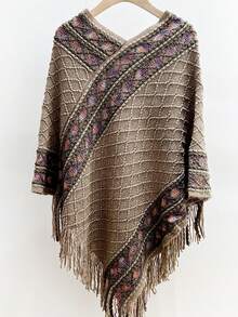 1pc Solid Color Hollow Out Bat Wing Tasseled Knit Poncho For Dress