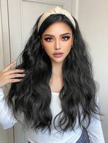 灰色打结皮质发箍(白色打结皮质发箍、绿色丝绒发箍)搭配大波浪假发 - 24英寸可拆卸合成假发,易于佩戴,长波浪发顶,适合日常和派对场合。 - 彩色 - 查看 18