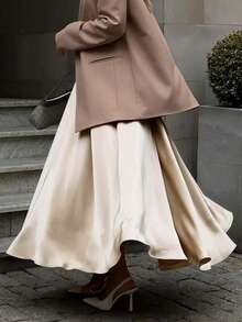 EARO 女式欧美时尚优雅缎面高端日常百搭半身裙，高腰修身弹力及膝 A 字喇叭裙，秋冬 - 杏色 - 查看 4