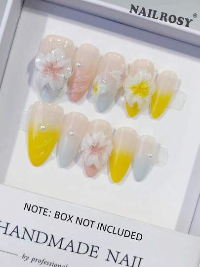 nailrosy 10 Unhas Postiças Acrílicas Artesanais em Azul, Amarelo e Transparente, Formato Amêndoa, Curtas, com Design Floral 3D, Ferramentas para Unhas Postiças para Casamento, Aniversário, Festa, Estilo Francês Fofo